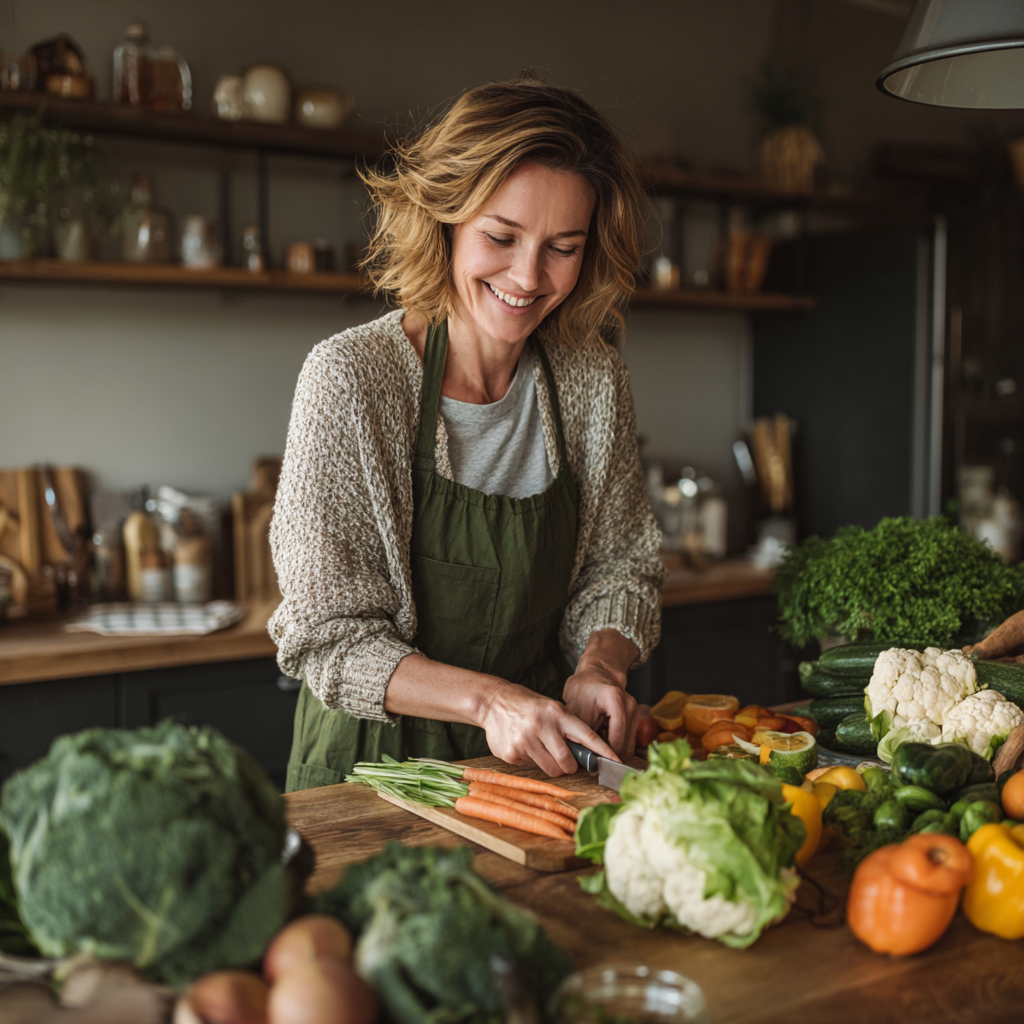 Smiling middle-aged Ukrainian woman preparing a colorful, balanced meal in a bright kitchen with fresh vegetables and fruits on the counter