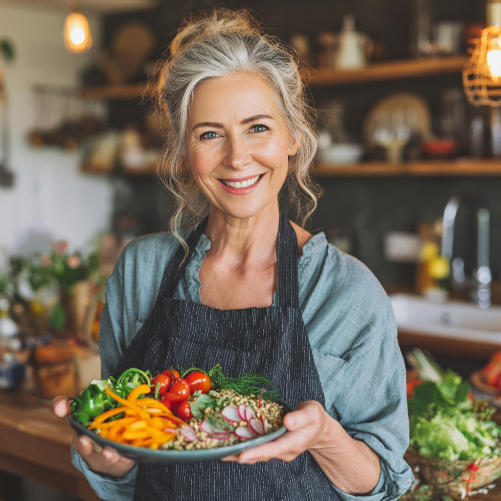 Happy Ukrainian family of different ages sharing a meal together at a dining table, with healthy colorful food and warm lighting creating a cozy atmosphere